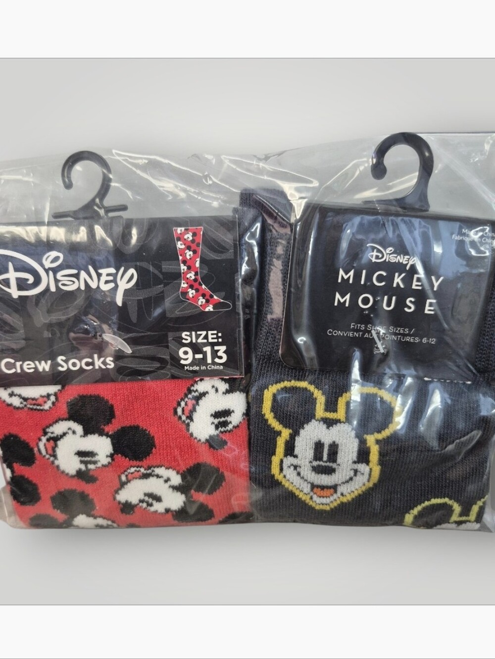 Disney Mickey Mouse Set 2 Pair Crew Socks - 1-Red, Blk/Wht & 1- Gray, Ylw & Wht